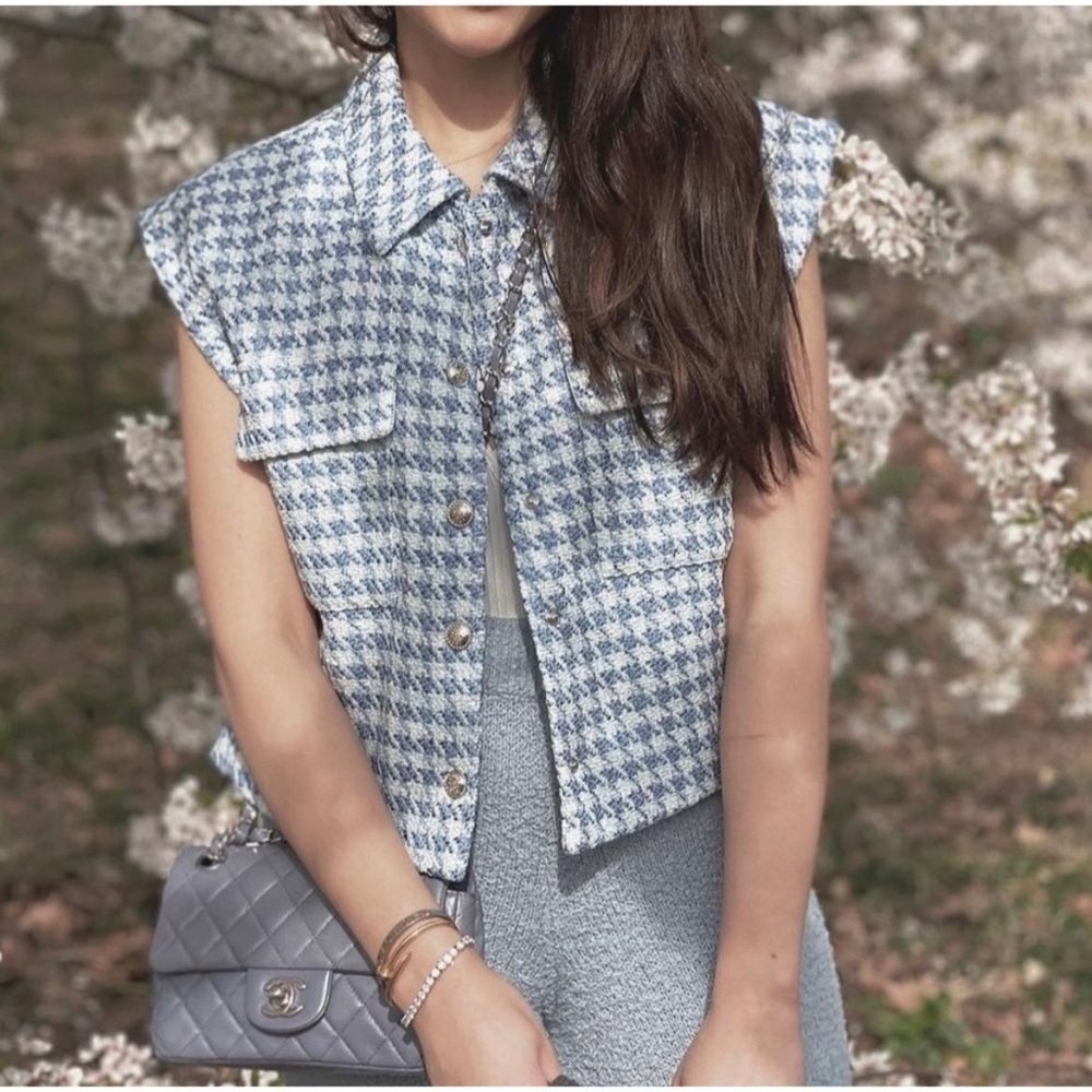Zara Blue White Tweed Houndstooth Cropped Vest Jacket Size Large - Picture 6 of 10